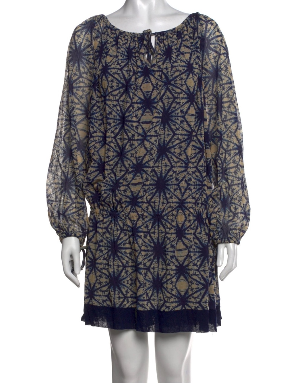 Jean Paul Gaultier Soleil Navy Tan Batik Print Mesh Tunic Dress Size L
